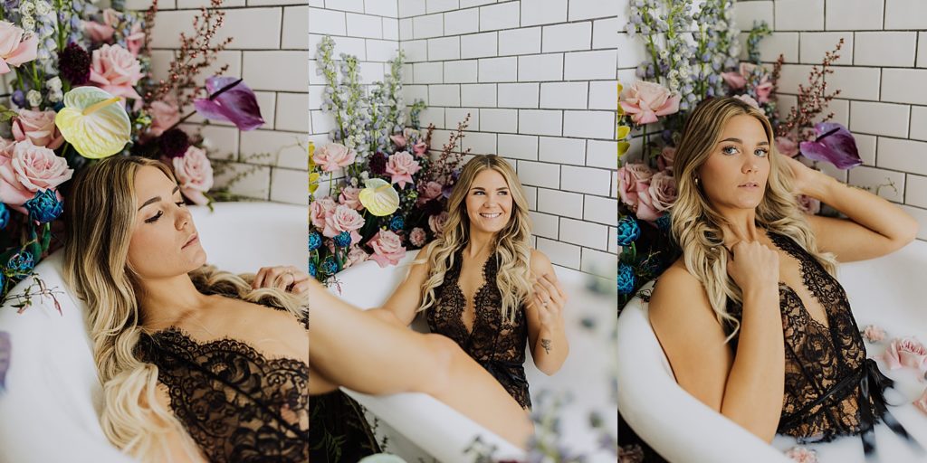 woman luxury floral boudoir portrait sitting in bathtub