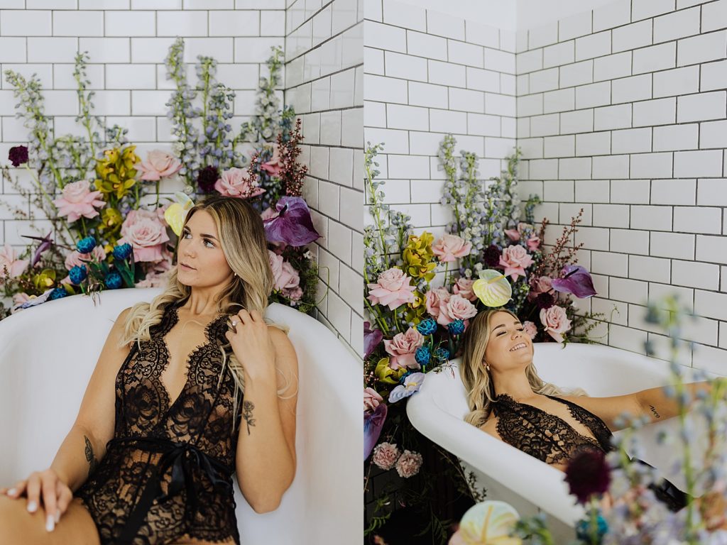 woman luxury floral boudoir portrait sitting in bathtub