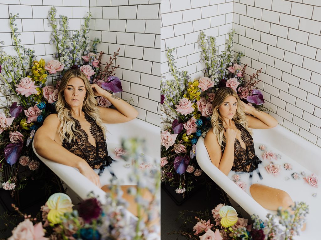 woman luxury floral boudoir milk bath portrait